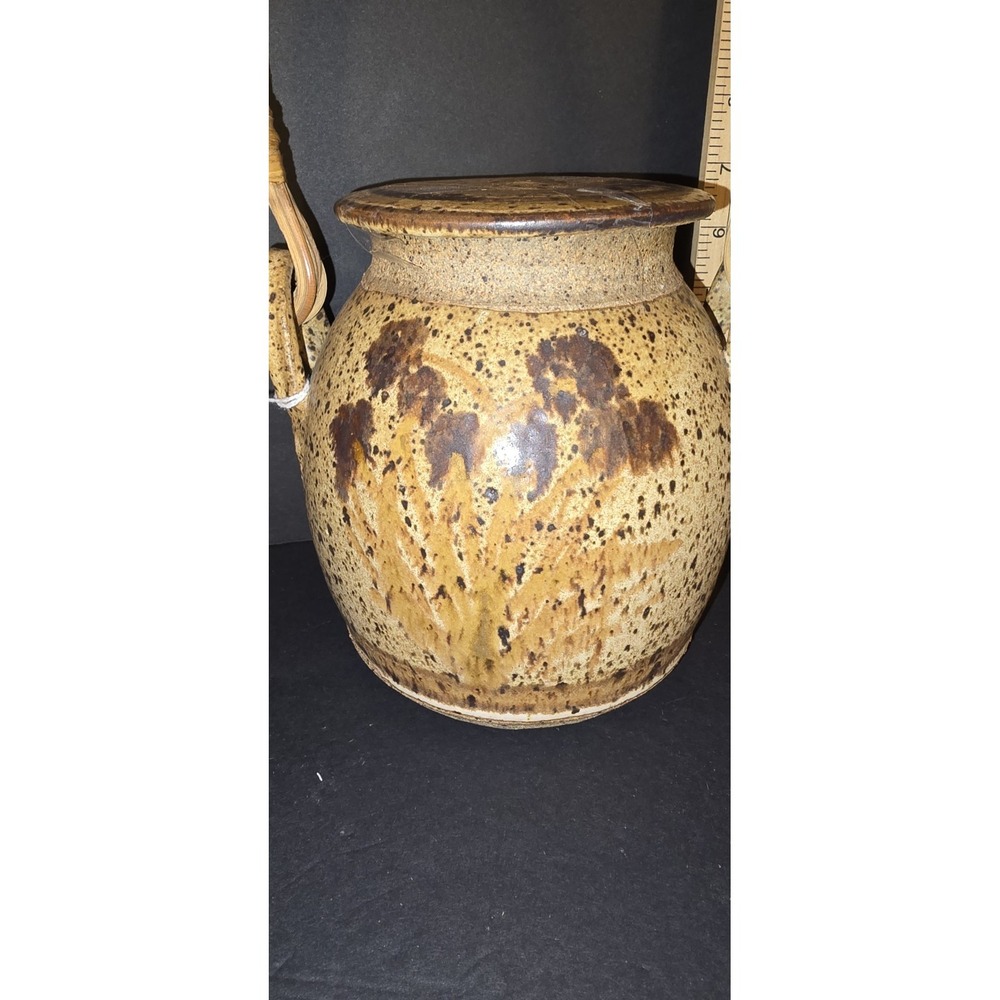 Ken McElroy Studio Art Pottery,jug W/unique Handle, Flowers,speckled Glaze W/lid